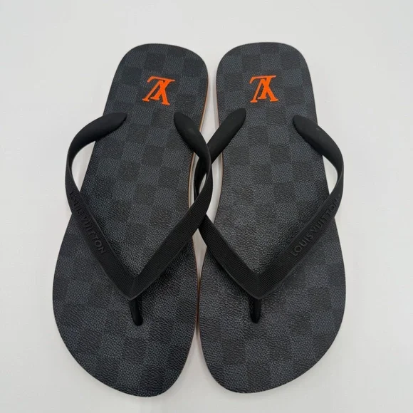 Louis Vuitton Damier Graphite Flip Flops – Black/Gray w/ Orange LV Logo (Size _9